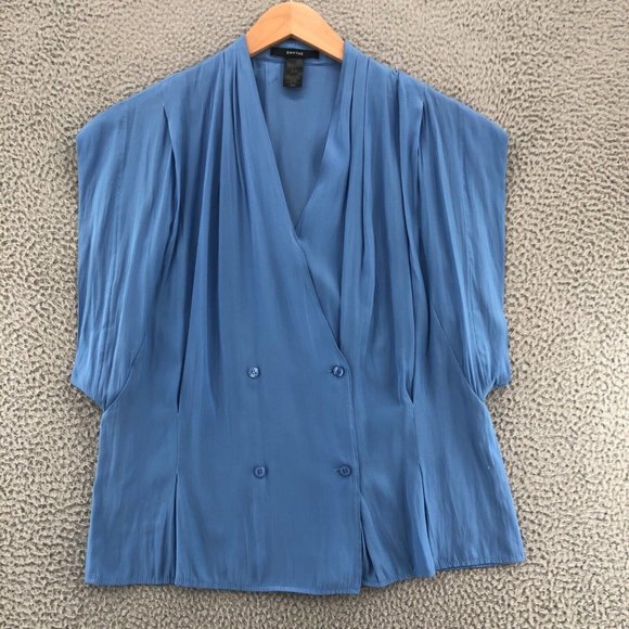Smythe Blouse Womens Medium Blue Yoda Cap Sleeve Double Breasted Button Slouchy - Picture 4 of 14